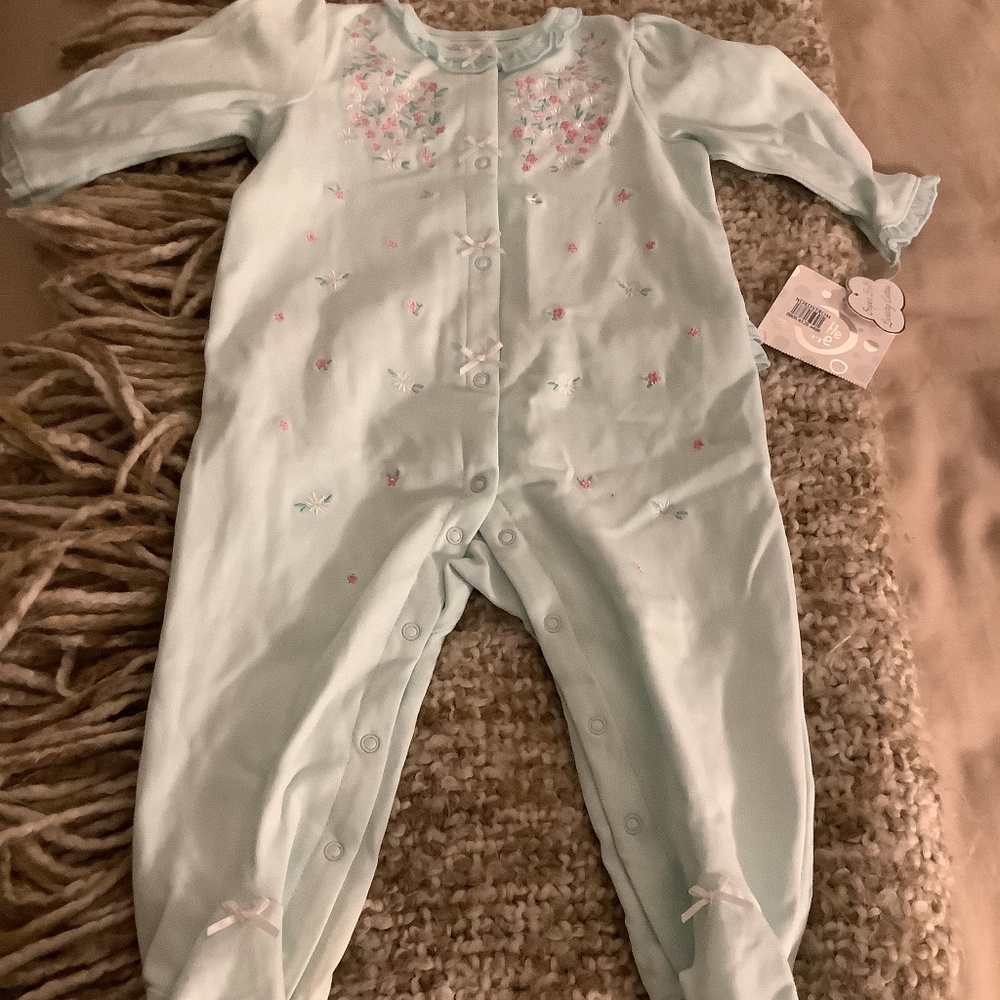 Little Me 9 Month One piece pale green/pink onesie NWT